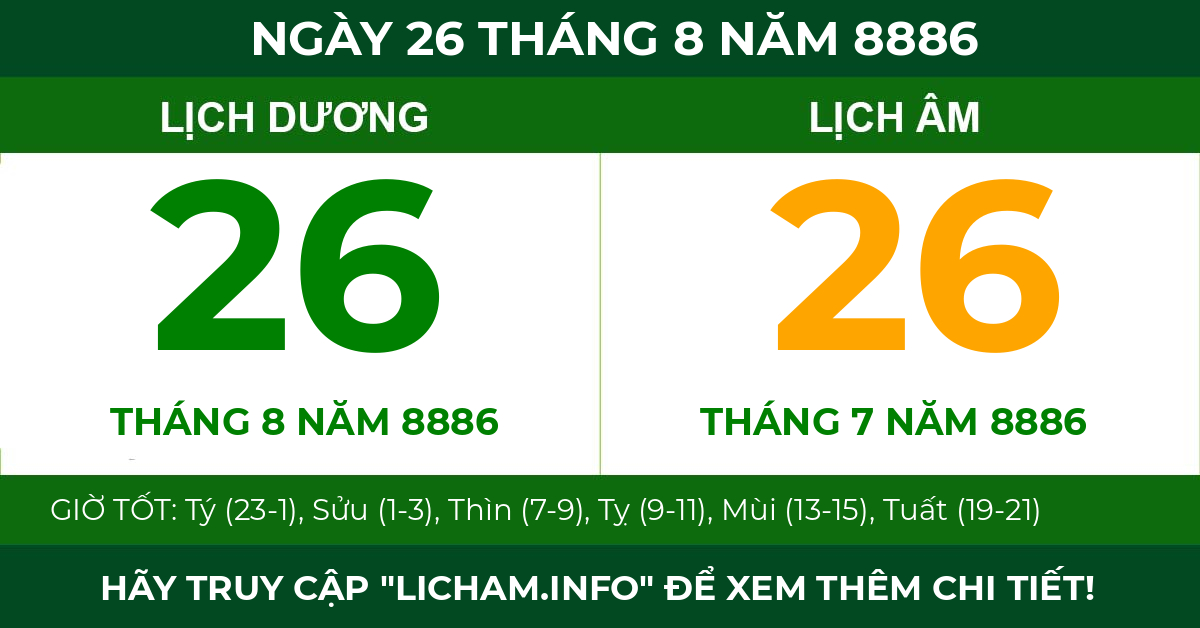 lịch âm ngày 26 tháng 8 năm 8886