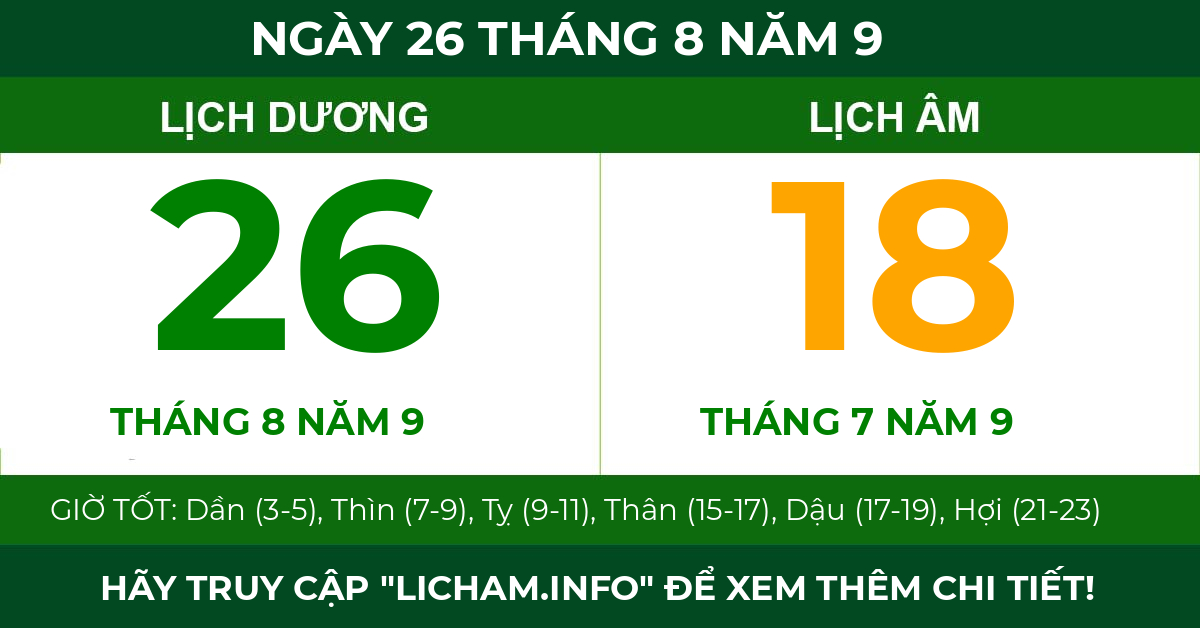 lịch âm ngày 26 tháng 8 năm 9