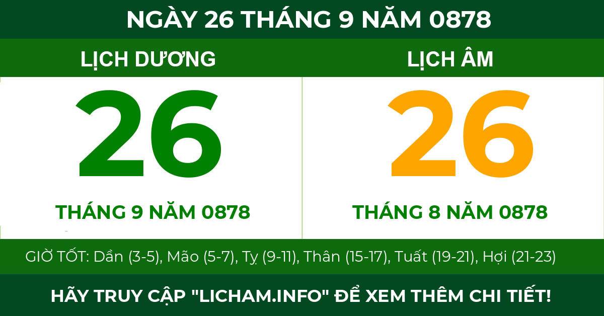 lịch âm ngày 26 tháng 9 năm 0878