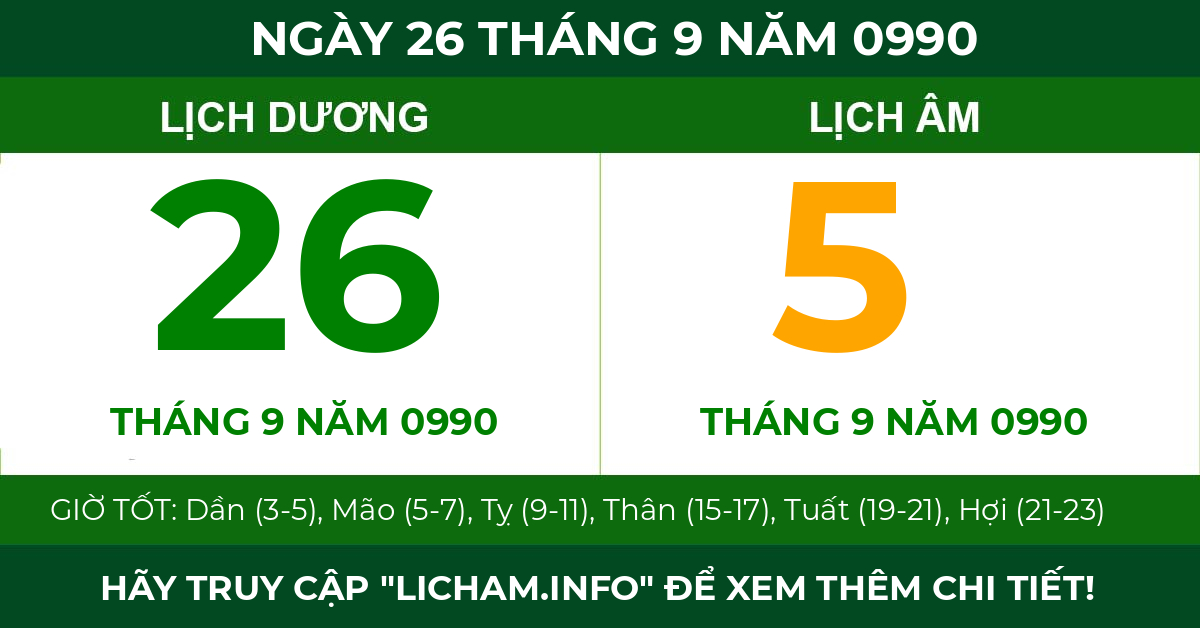 lịch âm ngày 26 tháng 9 năm 0990
