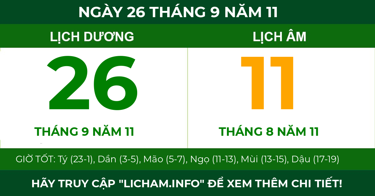 lịch âm ngày 26 tháng 9 năm 11