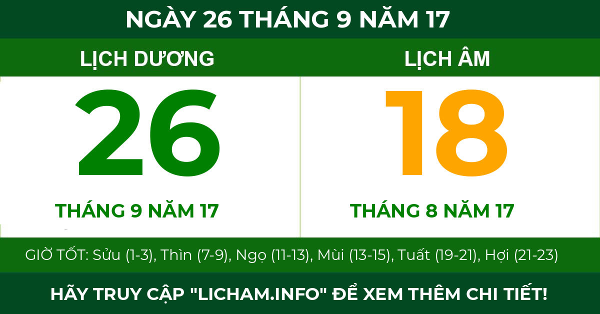 lịch âm ngày 26 tháng 9 năm 17