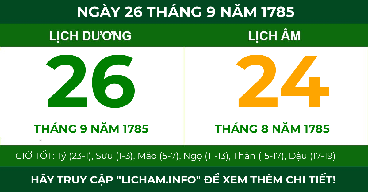 lịch âm ngày 26 tháng 9 năm 1785