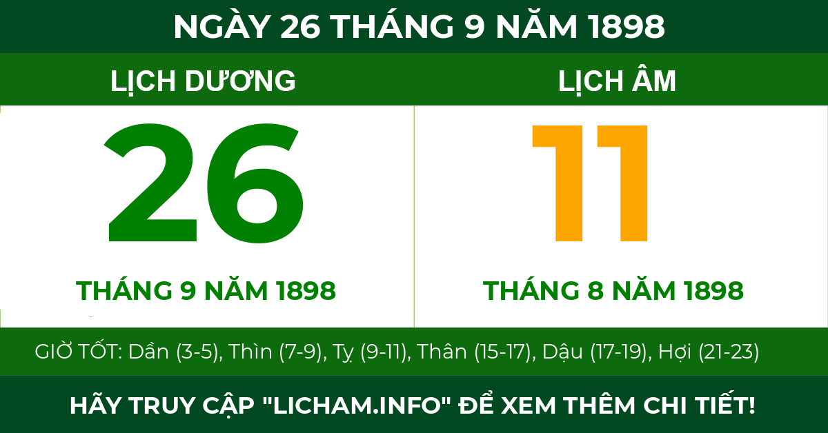 lịch âm ngày 26 tháng 9 năm 1898