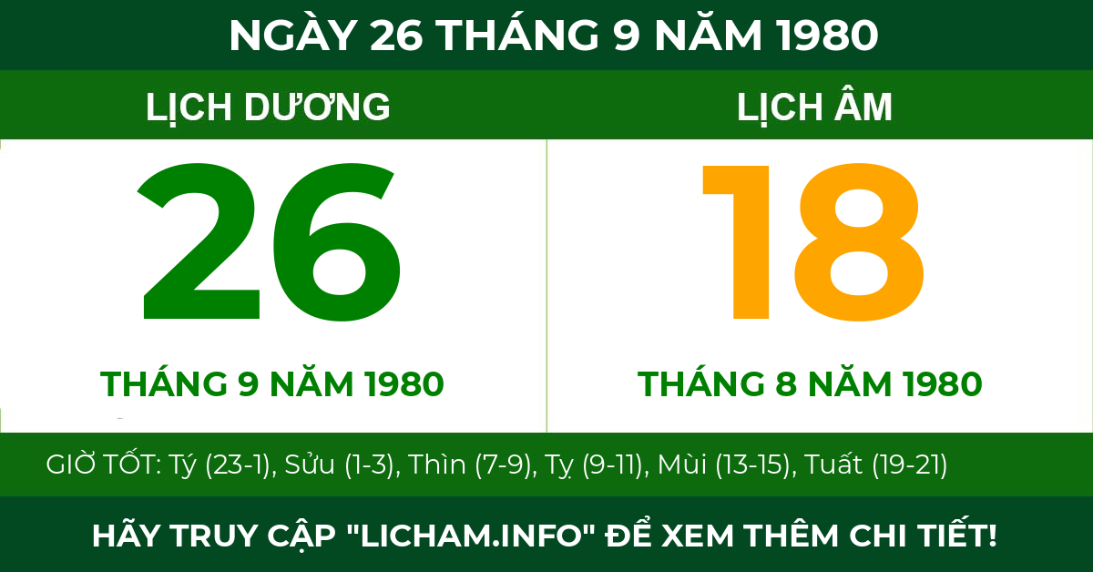 lịch âm ngày 26 tháng 9 năm 1980