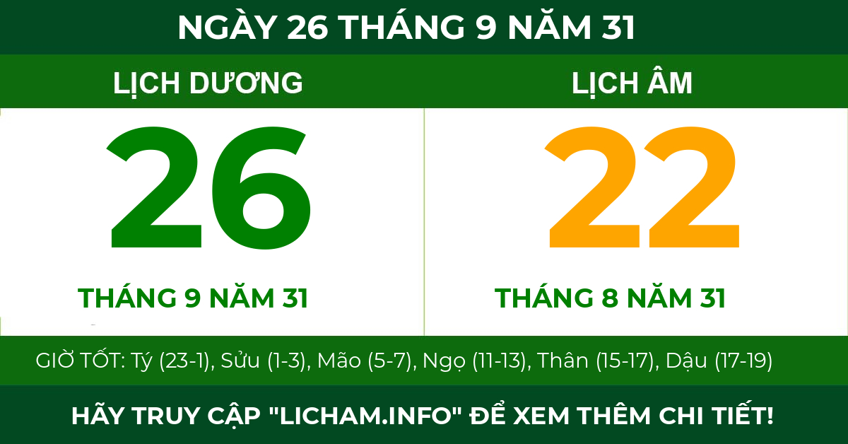lịch âm ngày 26 tháng 9 năm 31