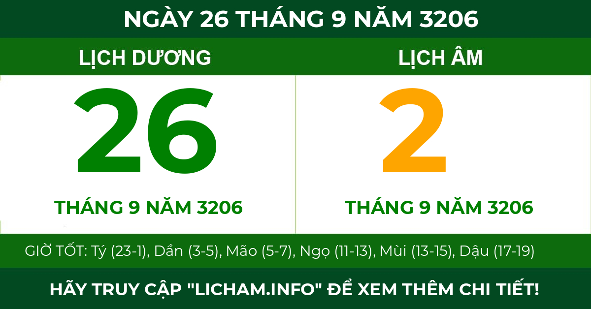 lịch âm ngày 26 tháng 9 năm 3206