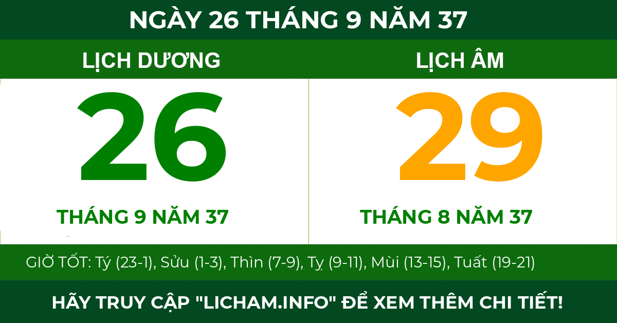 lịch âm ngày 26 tháng 9 năm 37