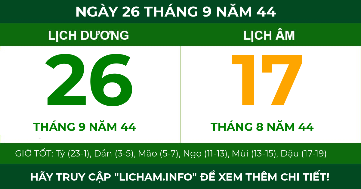 lịch âm ngày 26 tháng 9 năm 44