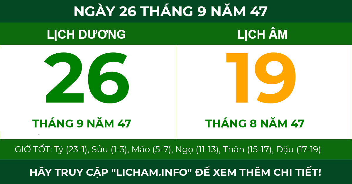 lịch âm ngày 26 tháng 9 năm 47
