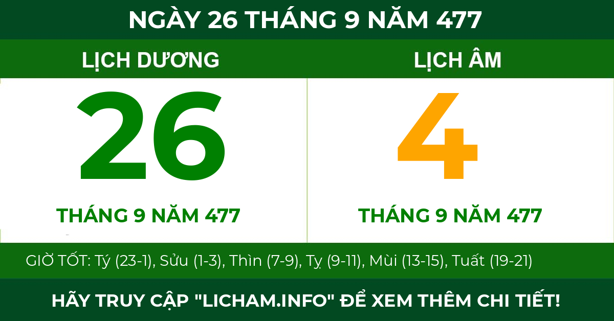 lịch âm ngày 26 tháng 9 năm 477