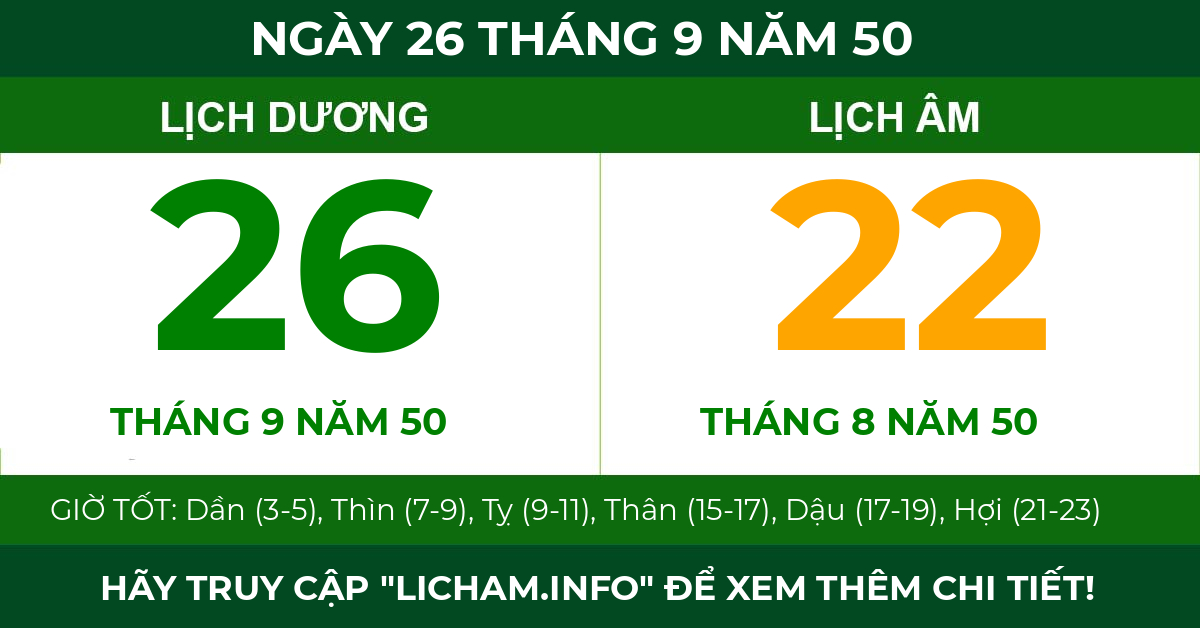 lịch âm ngày 26 tháng 9 năm 50
