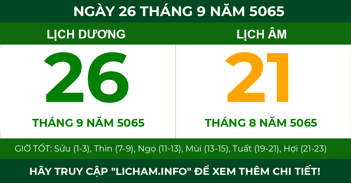 lịch âm ngày 26 tháng 9 năm 5065