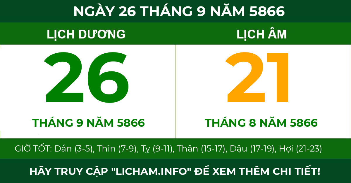 lịch âm ngày 26 tháng 9 năm 5866