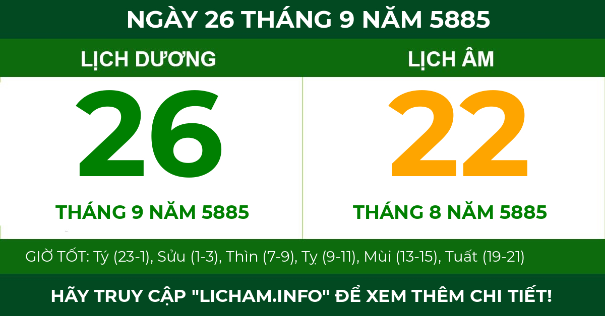 lịch âm ngày 26 tháng 9 năm 5885