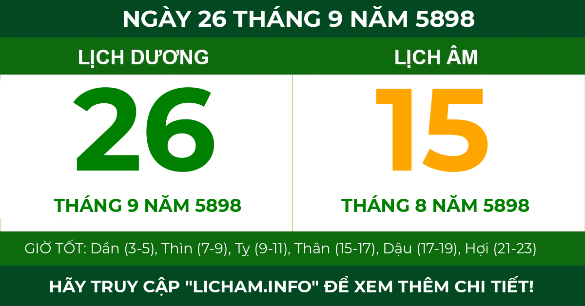 lịch âm ngày 26 tháng 9 năm 5898