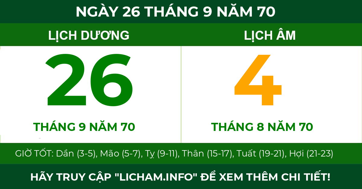 lịch âm ngày 26 tháng 9 năm 70
