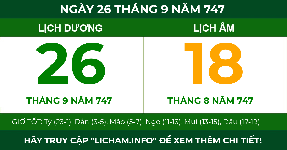 lịch âm ngày 26 tháng 9 năm 747
