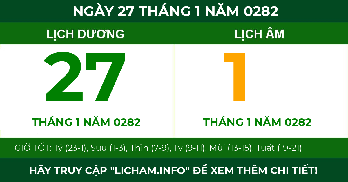 lịch âm ngày 27 tháng 1 năm 0282
