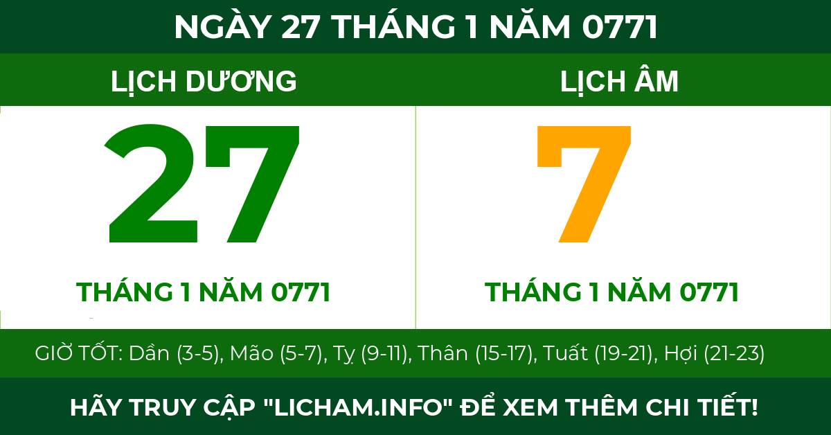 lịch âm ngày 27 tháng 1 năm 0771