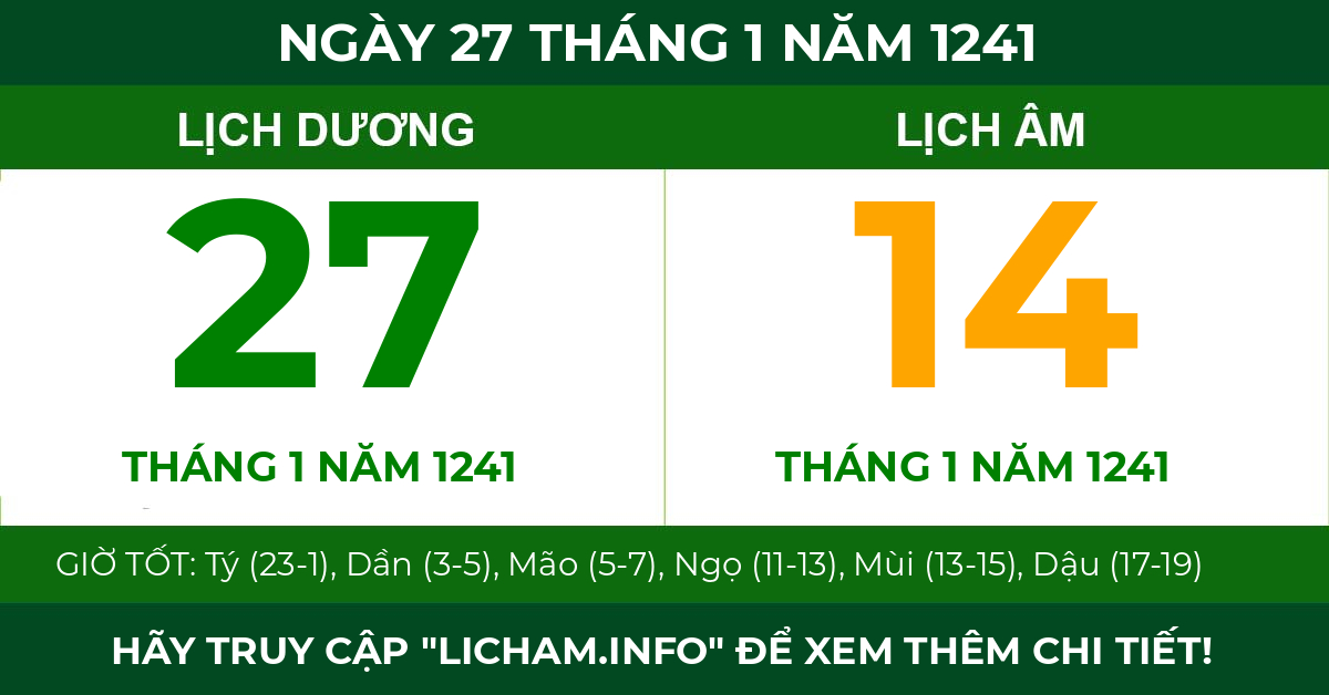 lịch âm ngày 27 tháng 1 năm 1241