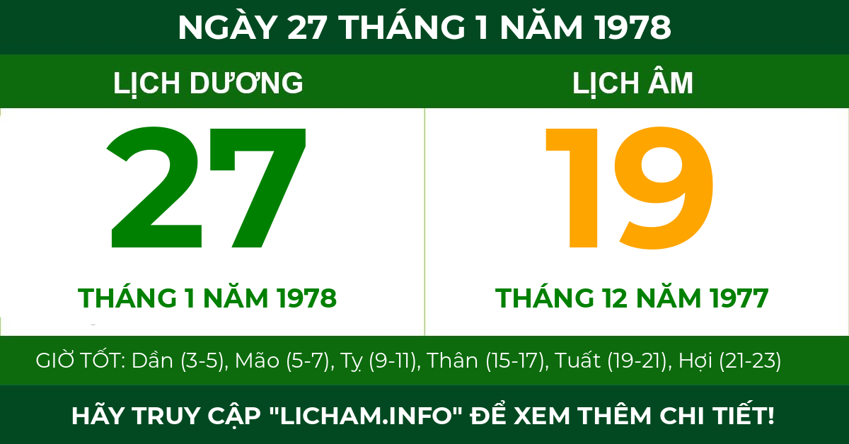 lịch âm ngày 27 tháng 1 năm 1978
