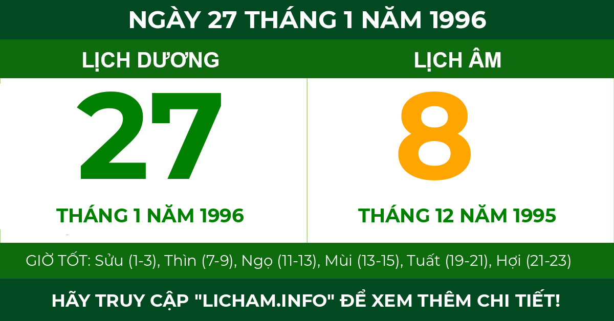 lịch âm ngày 27 tháng 1 năm 1996