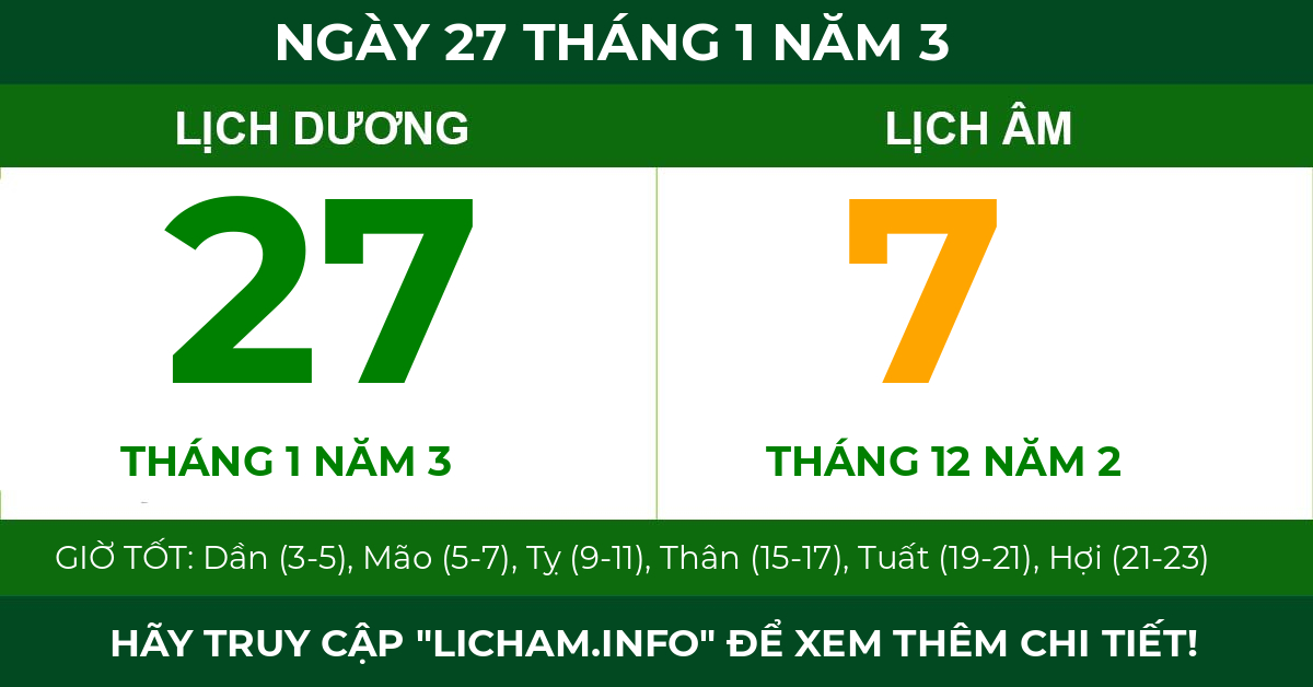 lịch âm ngày 27 tháng 1 năm 3