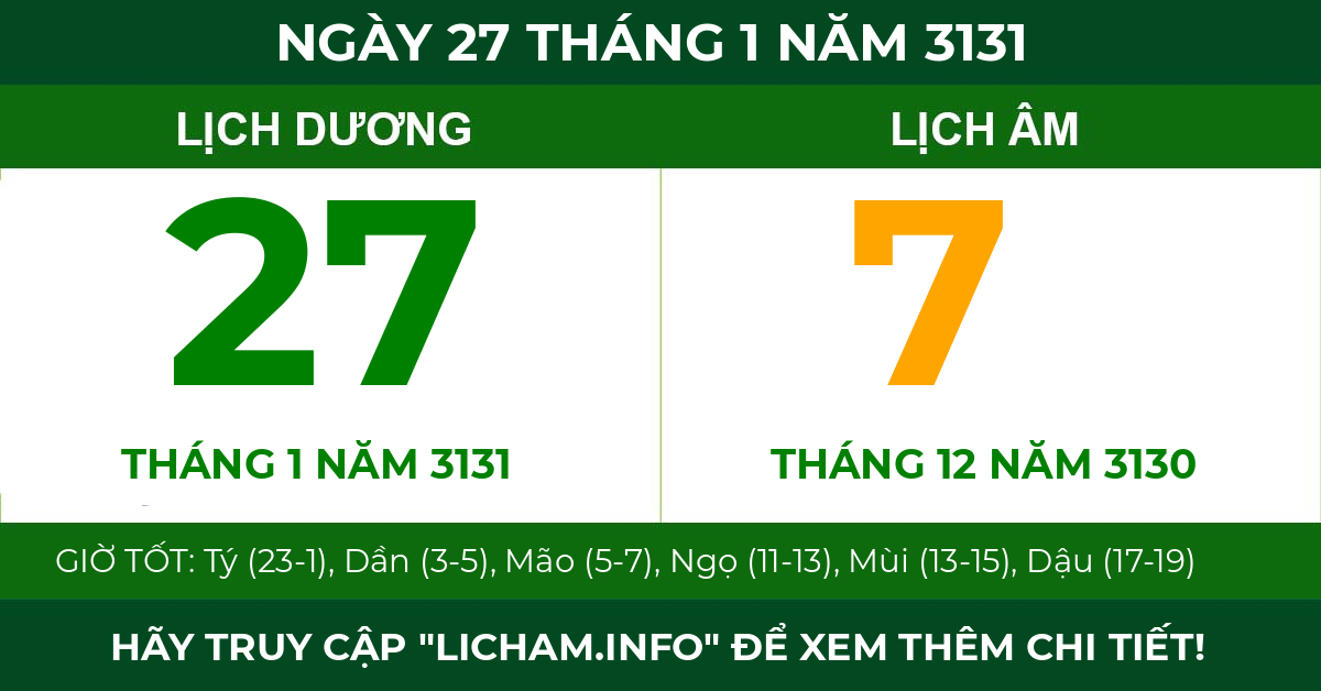 lịch âm ngày 27 tháng 1 năm 3131