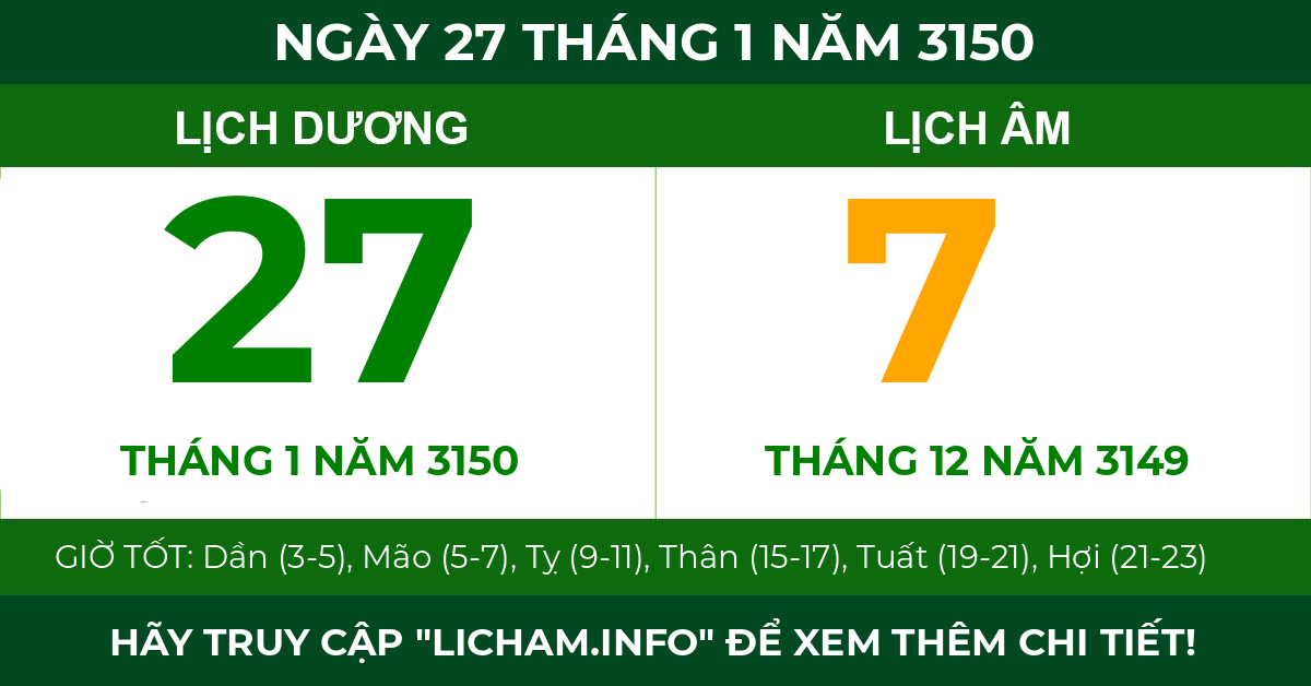 lịch âm ngày 27 tháng 1 năm 3150