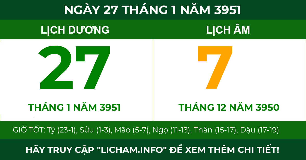 lịch âm ngày 27 tháng 1 năm 3951