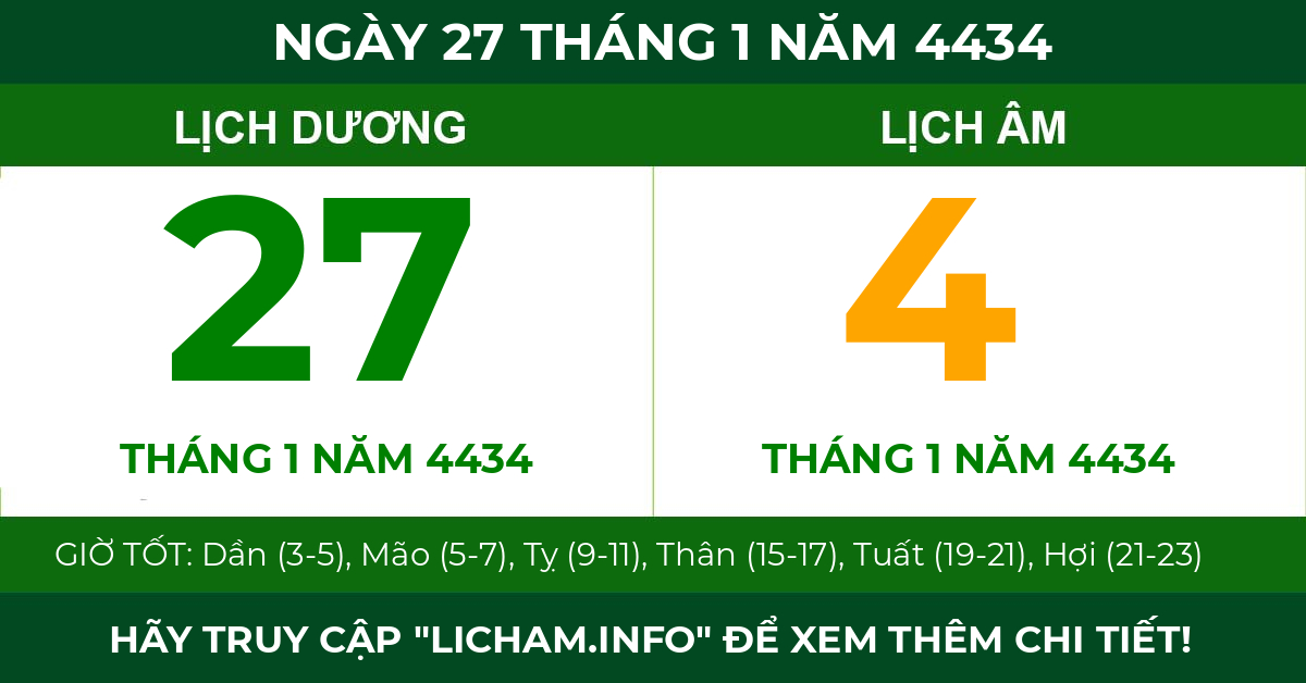 lịch âm ngày 27 tháng 1 năm 4434