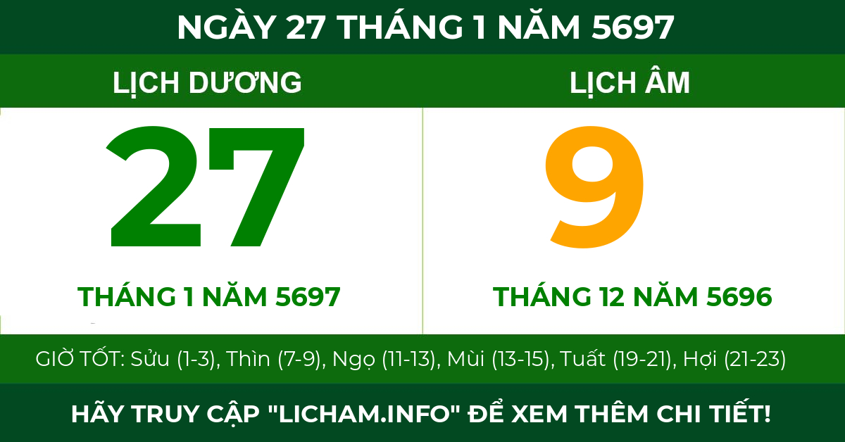 lịch âm ngày 27 tháng 1 năm 5697
