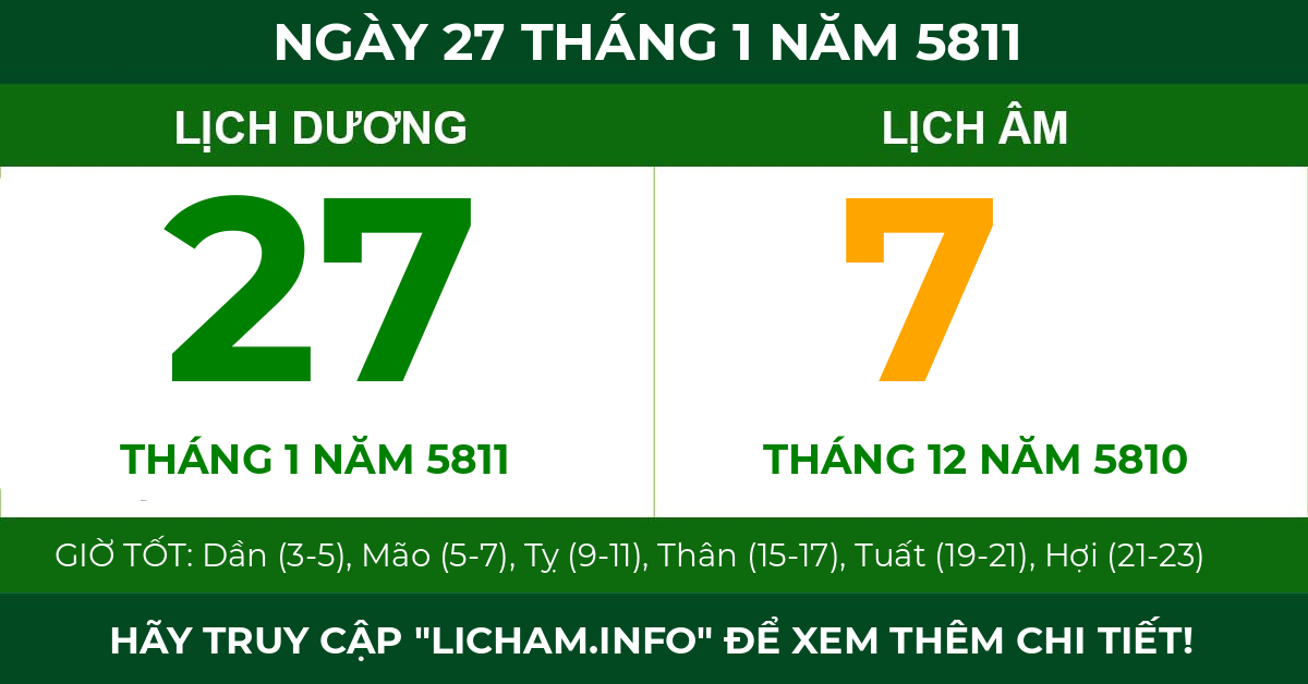 lịch âm ngày 27 tháng 1 năm 5811