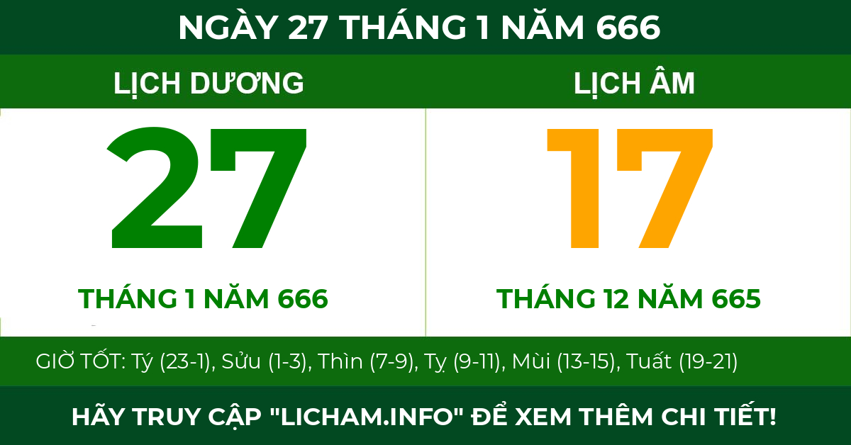 lịch âm ngày 27 tháng 1 năm 666