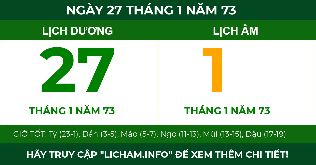 lịch âm ngày 27 tháng 1 năm 73