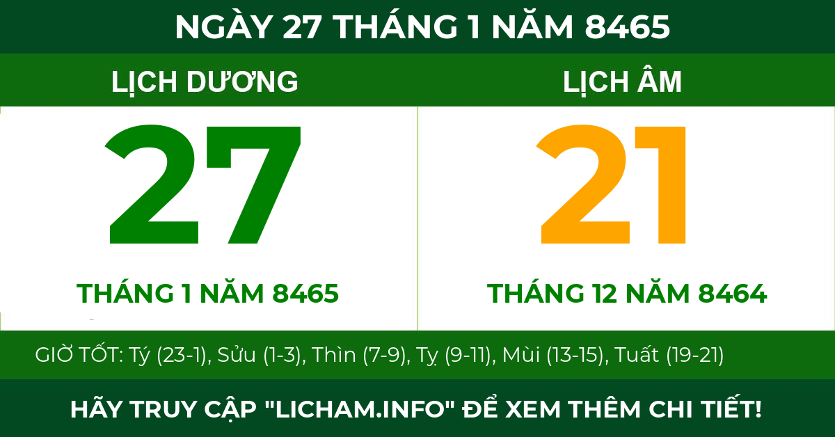 lịch âm ngày 27 tháng 1 năm 8465