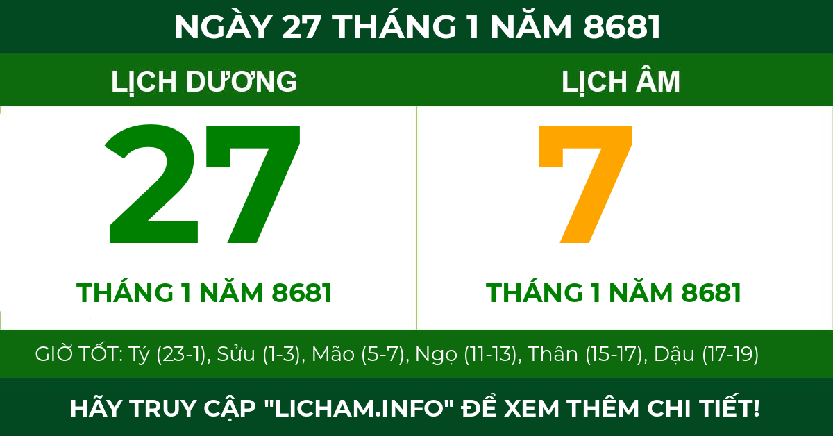 lịch âm ngày 27 tháng 1 năm 8681