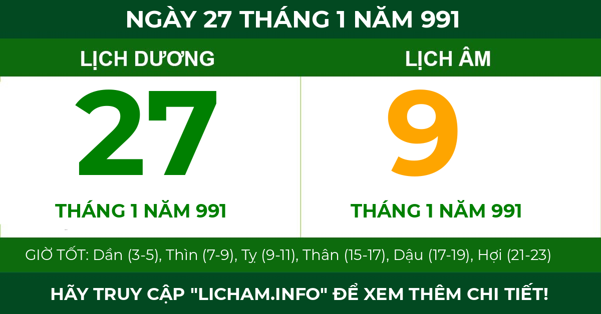 lịch âm ngày 27 tháng 1 năm 991