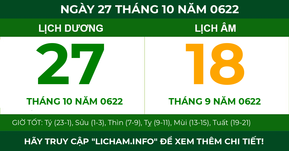 lịch âm ngày 27 tháng 10 năm 0622