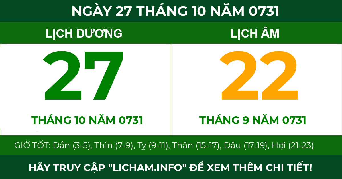 lịch âm ngày 27 tháng 10 năm 0731