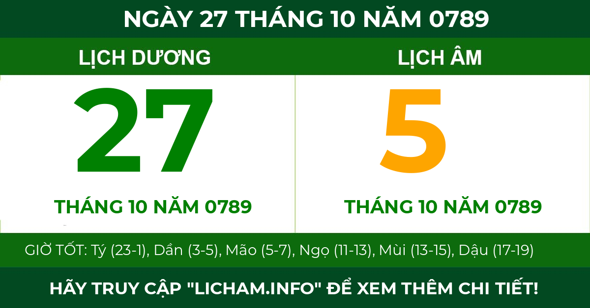 lịch âm ngày 27 tháng 10 năm 0789