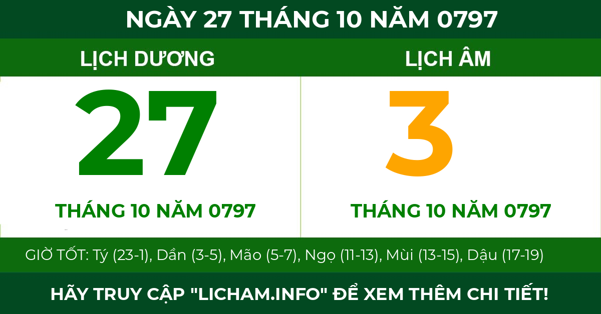 lịch âm ngày 27 tháng 10 năm 0797