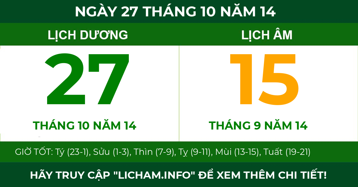 lịch âm ngày 27 tháng 10 năm 14