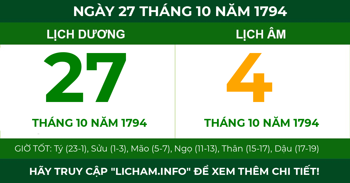 lịch âm ngày 27 tháng 10 năm 1794