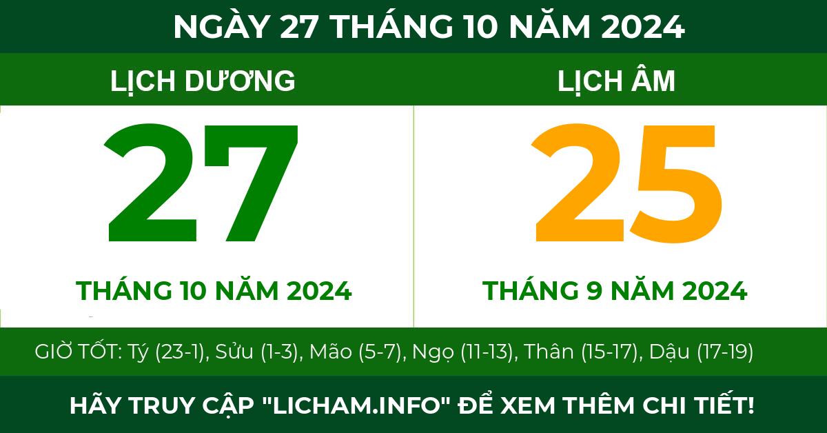 lịch âm ngày 27 tháng 10 năm 2024