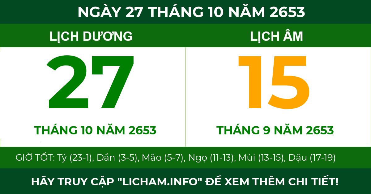 lịch âm ngày 27 tháng 10 năm 2653
