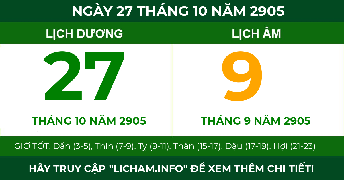 lịch âm ngày 27 tháng 10 năm 2905