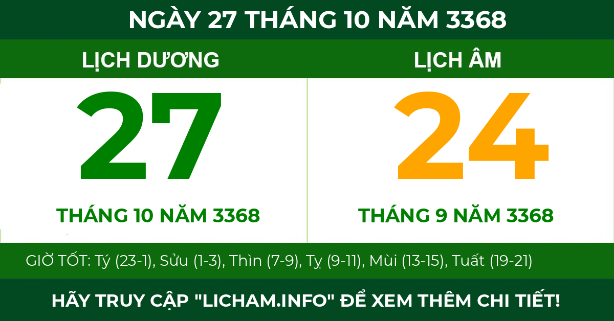 lịch âm ngày 27 tháng 10 năm 3368