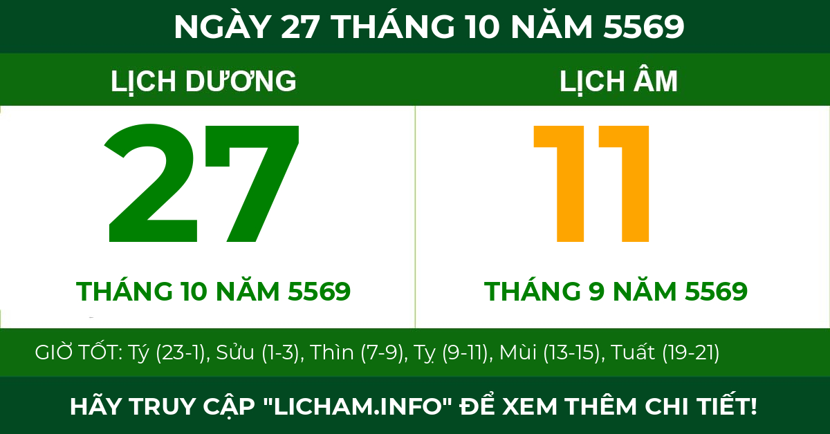 lịch âm ngày 27 tháng 10 năm 5569